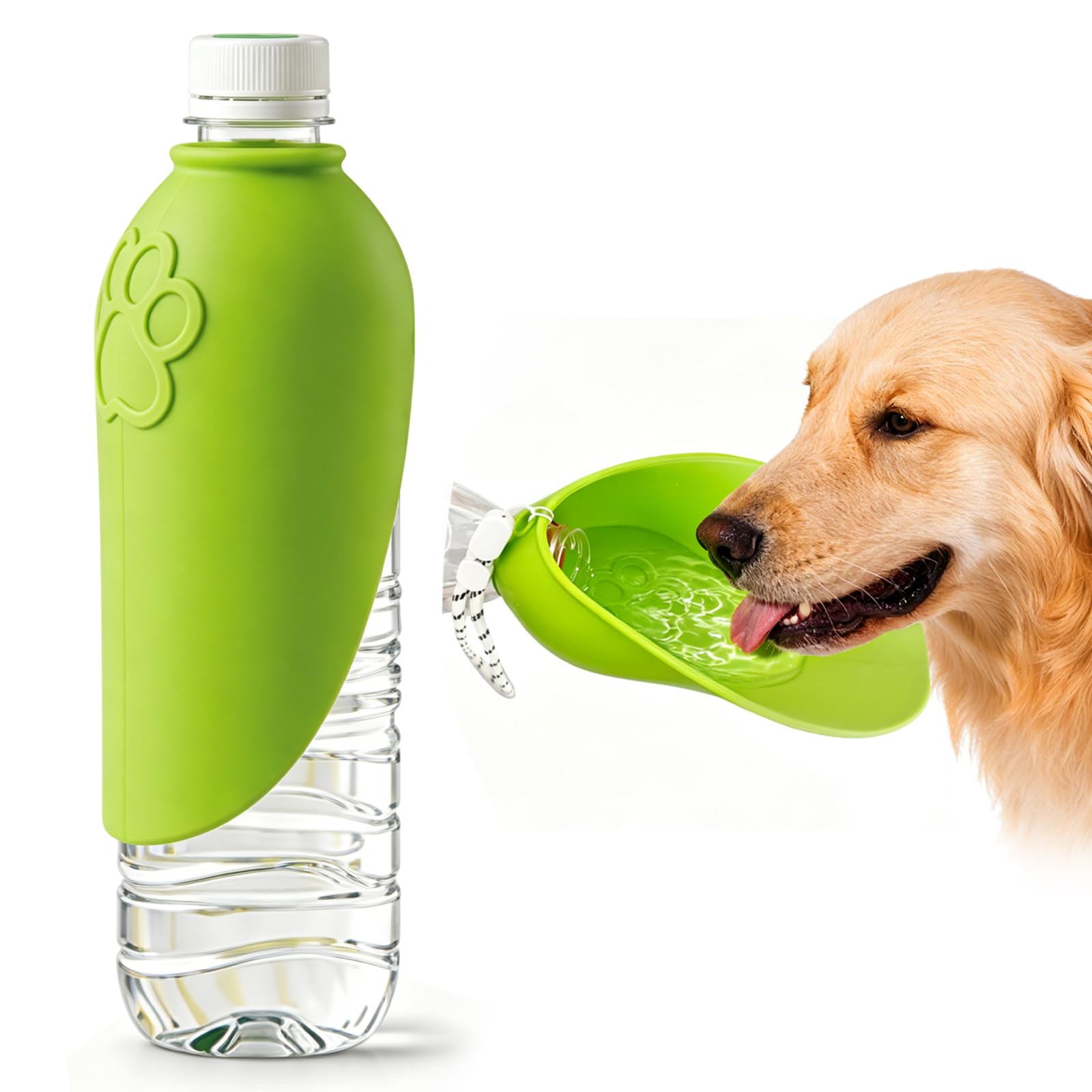 Green portable dog water bottle bowl attachment