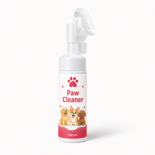 Foaming pet paw cleaner bottle with paw icon and friendly dog illustrations